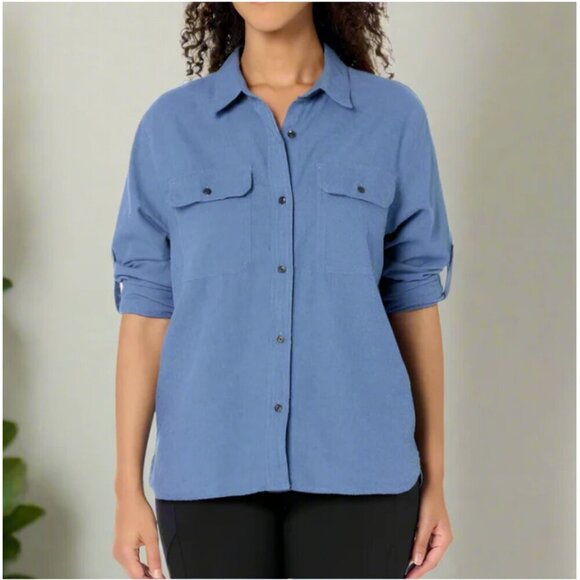 Outerknown Scout Flannel Shirt Womens Large Blue Organic Cotton Rolltab - Picture 1 of 5